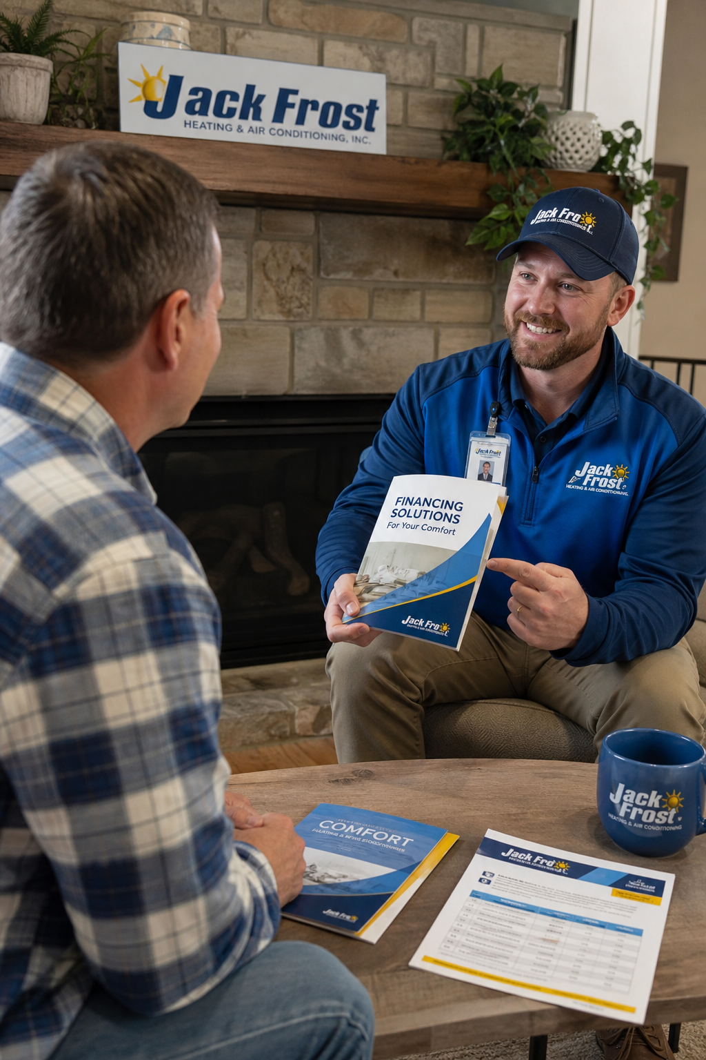 A photorealistic image showing a homeowner meeting with a friendly Jack Frost consultant in a cozy East Tennessee home, Realism style. Alt: financing meeting for hvac upgrade.