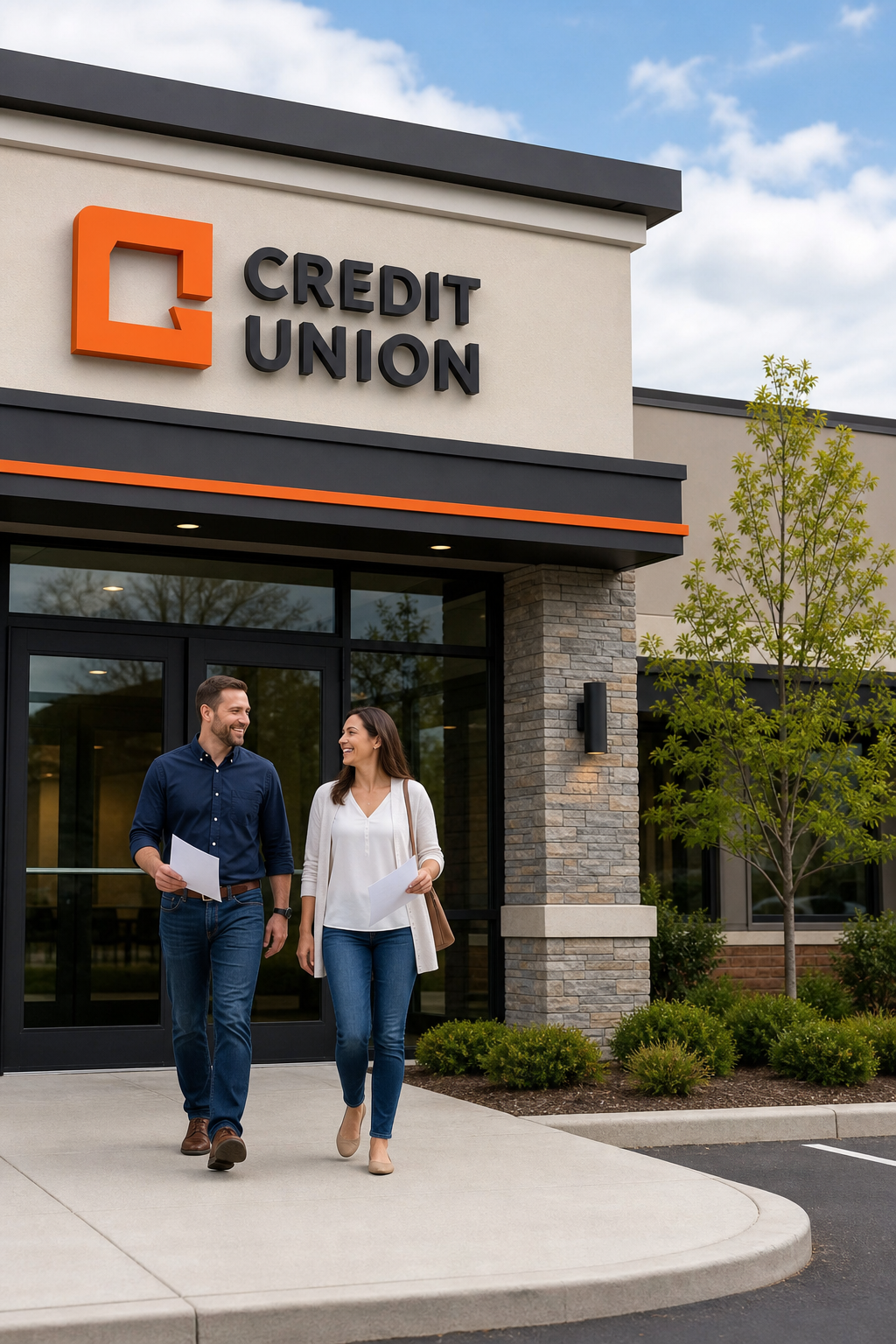A realistic exterior of a local credit union building with a welcoming entrance and a sign. A happy couple walking out with papers. Alt: A local credit union building where homeowners can apply for home improvement loans for HVAC upgrades.