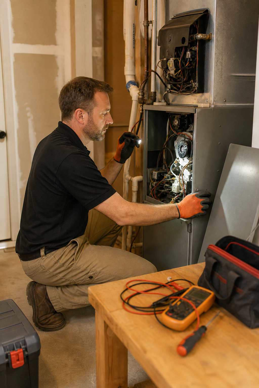 A photorealistic scene of an HVAC technician inspecting an indoor air handler unit in a residential utility room, tools on a workbench nearby, warm interior lighting. Alt: HVAC technician performing a maintenance inspection on an indoor unit in a Rocklin CA home.