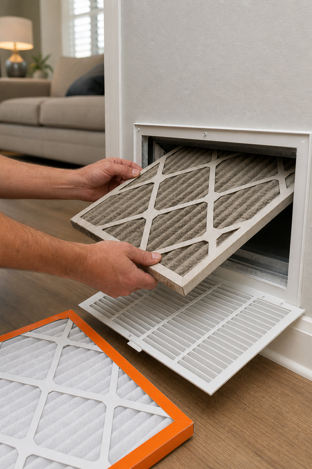 A close-up photorealistic image of a homeowner's hands replacing a dirty air filter in a residential HVAC return air vent, the old filter visibly dusty, clean replacement filter nearby, suburban home interior background. Alt: Homeowner replacing dirty HVAC air filter as part of regular DIY maintenance in Rocklin CA.