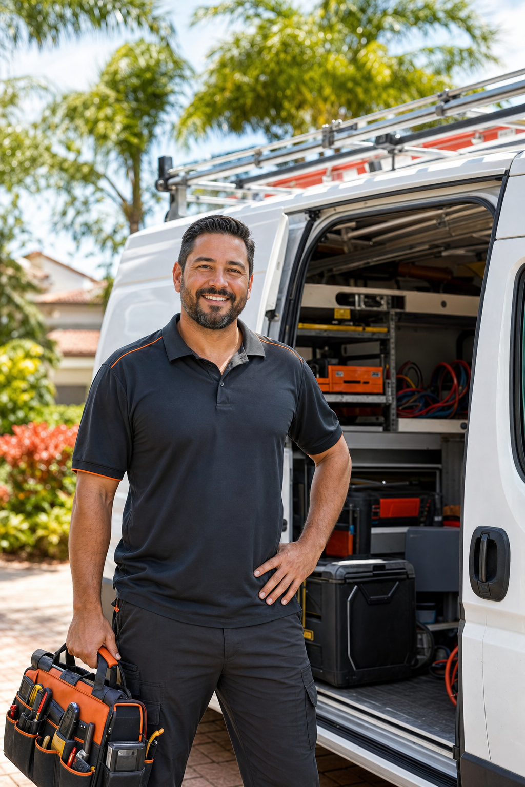 A South Florida HVAC technician in a branded polo standing beside a white service van in natural Florida daylight, smiling confidently at the camera. Warm, authentic, real workplace feel. Alt: HVAC technician representing local South Florida marketing success with Media Ops Machine.