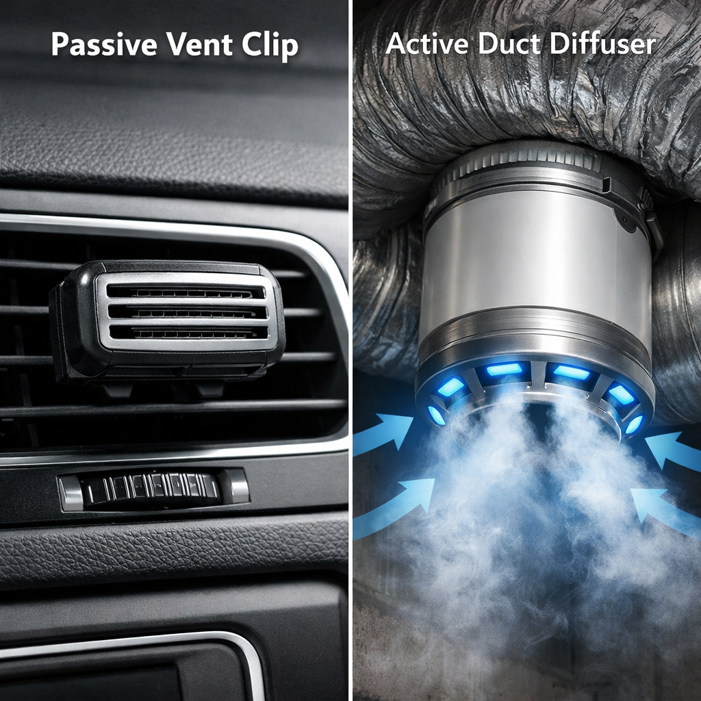 A photorealistic split-screen showing a passive HVAC vent clip on one side and an active cold-air diffuser connected to a duct on the other. Alt: Passive vs active HVAC scent system comparison.