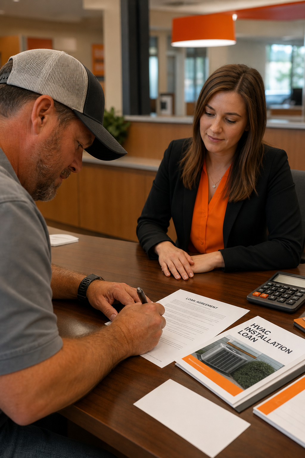 A photorealistic image of a customer signing loan documents at a desk with a bank officer, papers and calculator visible. Alt: Traditional bank loan for HVAC installation in Colfax.
