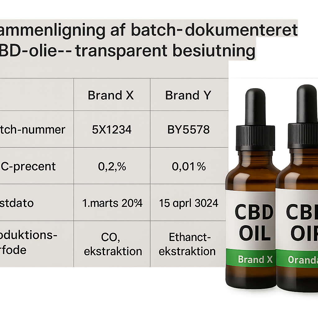 En overskuelig sammenligningsgrafik, der viser tre CBD‑oliemærker med deres batch‑numre, THC‑procent, testdato og produktionsmetode. Alt: 