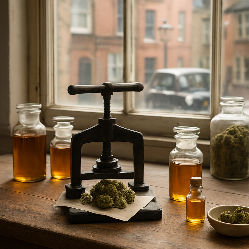 A serene workshop setting with a wooden table, glass jars filled with amber oil, a small batch of cannabis buds being pressed, natural light filtering through a window. Alt: Batch production workshop for cannabis oil
