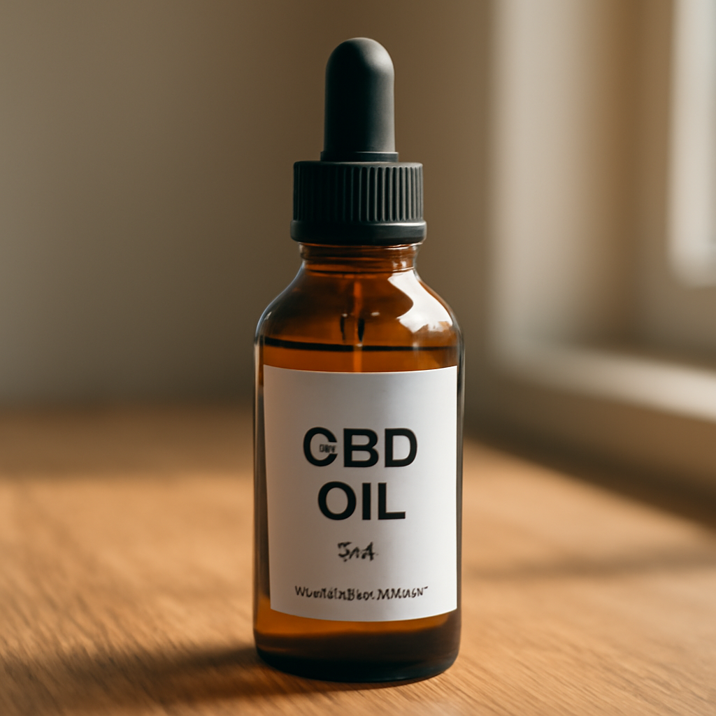 A sleek amber bottle of CBD oil with a clear label, placed on a wooden surface with natural light filtering in. Alt: CBD oil bottle with batch number label