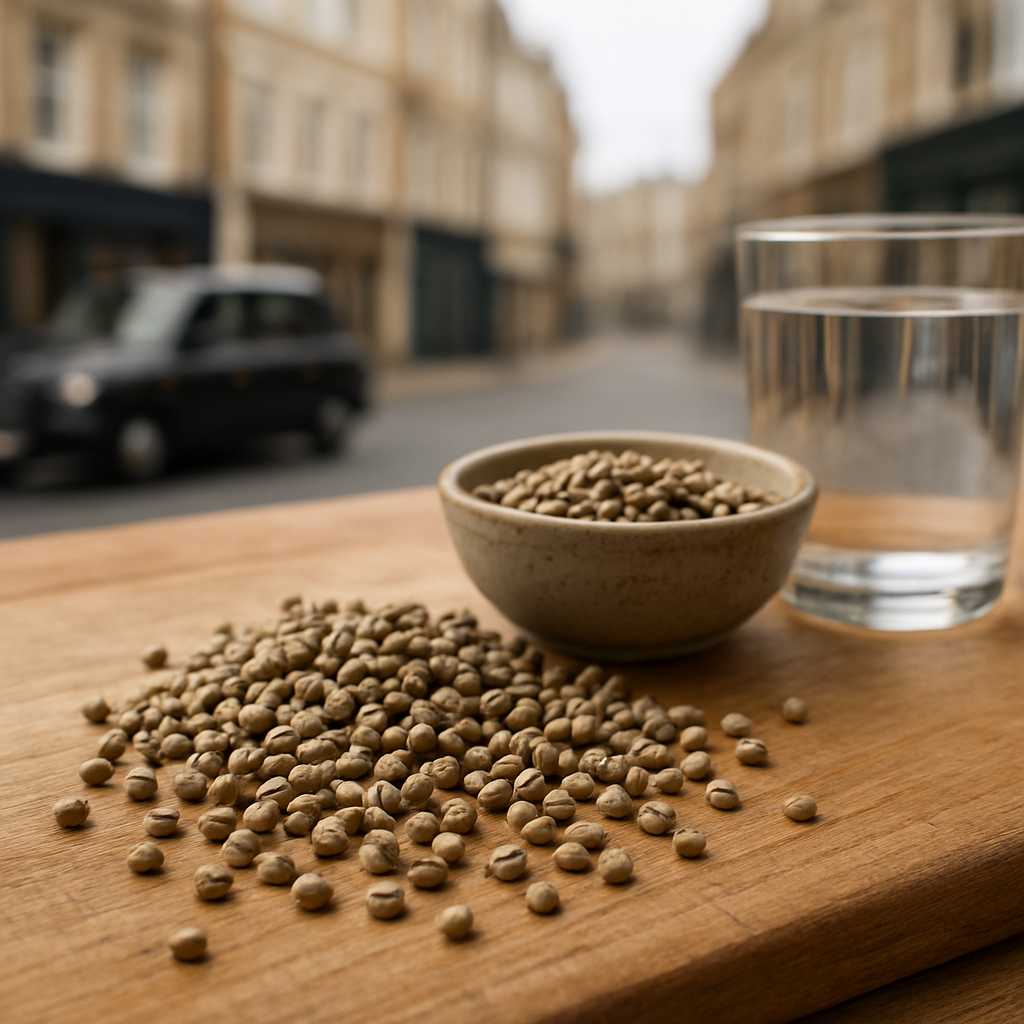 A realistic image of a close‑up shot of hemp seeds scattered on a wooden cutting board, with a small bowl of hemp seeds beside a glass of water, showing the natural texture and color of the seeds. Alt: 