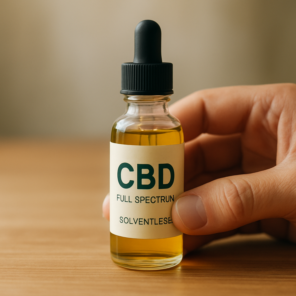 A close‑up of a hand holding a small glass bottle of oil on a clean wooden surface, with a soft natural light, showcasing purity. Alt: Hand holding a small glass CBD oil bottle on wood surface.