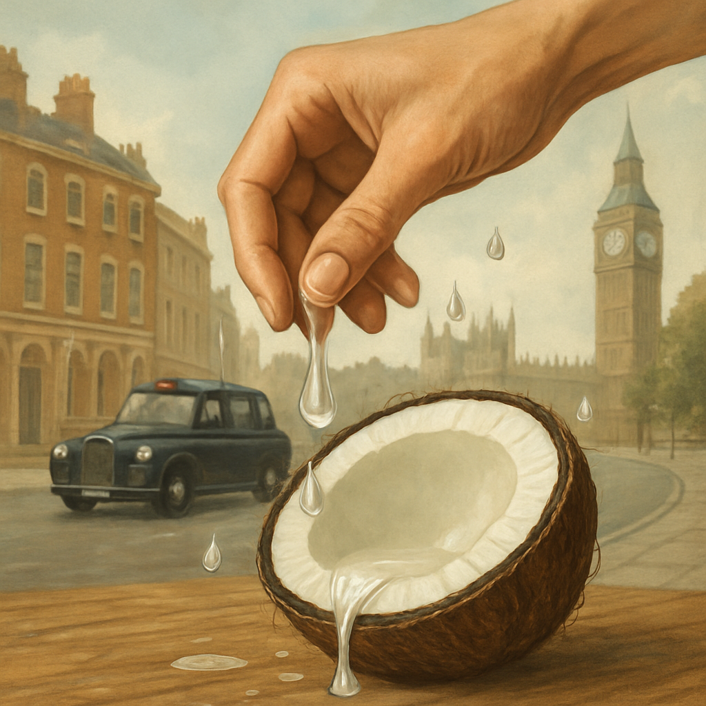 A stylized illustration of a hand gently extracting oil from a coconut, with droplets of pure, clear oil surrounding the hand. Alt: Hand extracting pure coconut oil for a clean beauty product.