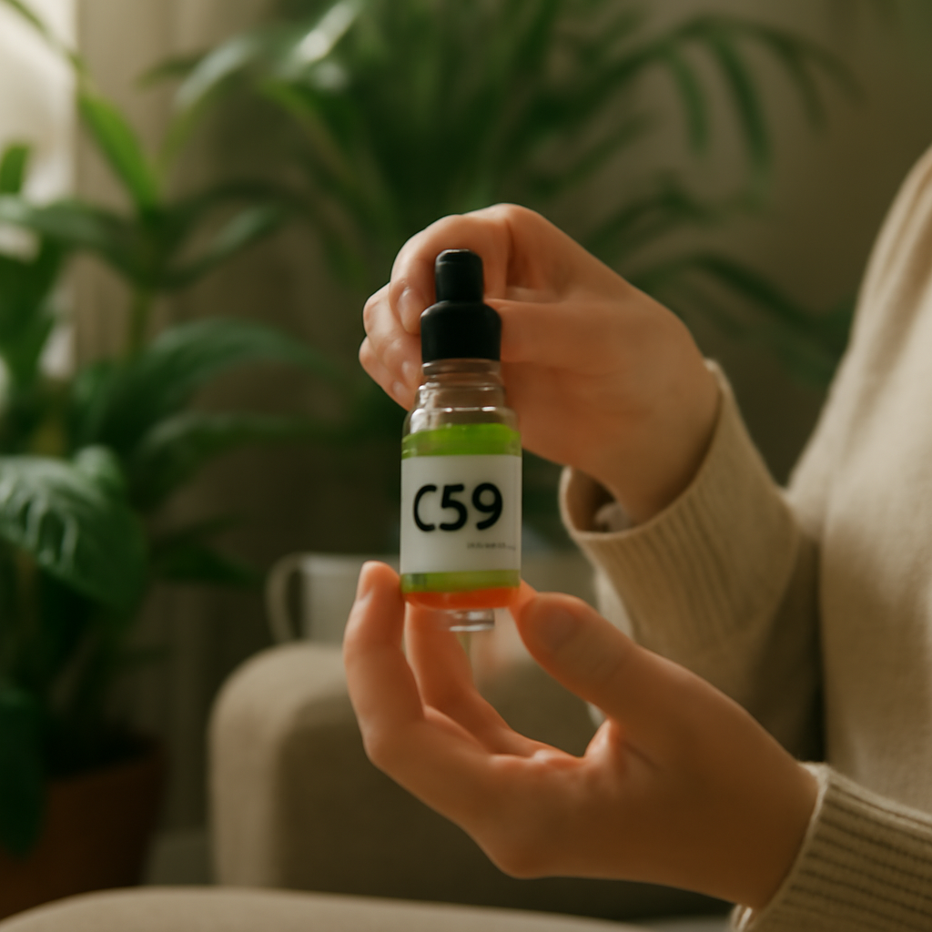 A person holding a glass of CBD oil in a calm setting, surrounded by plants, with a soft natural light, illustrating safe consumption. Alt: CBD oil consumption in a home setting.