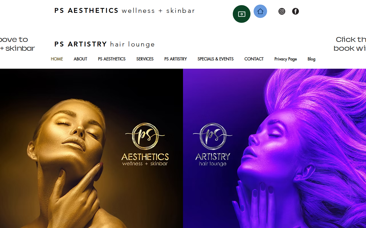 PS Aesthetics Wellness + Skinbar homepage screenshot