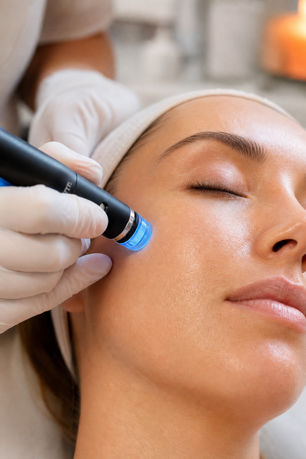 A photorealistic image showing the HydraFacial handpiece with a blue tip gliding over skin, with a soft glow effect. Alt: HydraFacial gentle exfoliation using glycolic and salicylic acid peel.