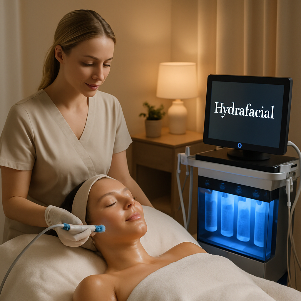 A serene medspa treatment room with a Hydrafacial device in action, client relaxed, soft lighting highlighting the glowing skin. Alt: Hydrafacial cost breakdown visual with pricing factors.