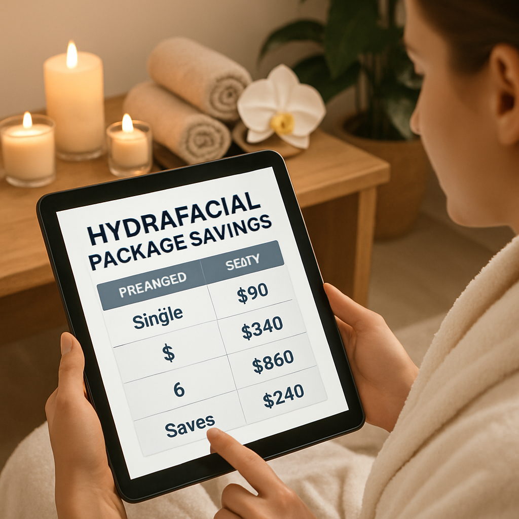 A calm spa setting with a client reviewing a price chart on a tablet, showing savings on Hydrafacial packages. Alt: Hydrafacial cost savings illustration.