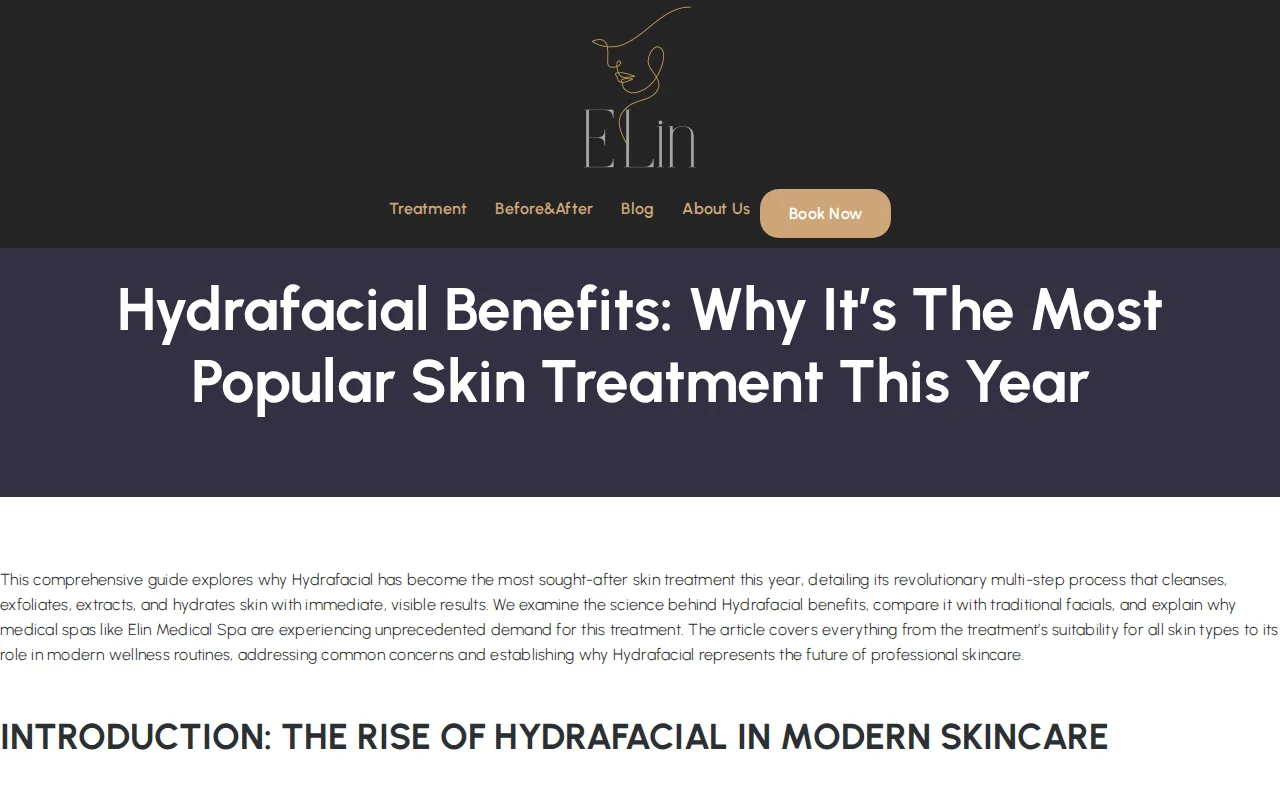 Screenshot of the Elin Medical Spa: Customizable settings and sensitive-skin serums website
