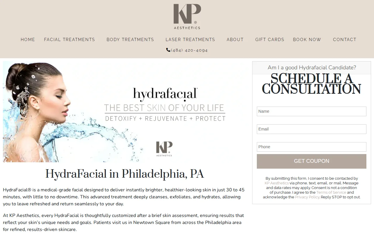 Screenshot of the KP Aesthetics: Adjustable settings with a published starting price website