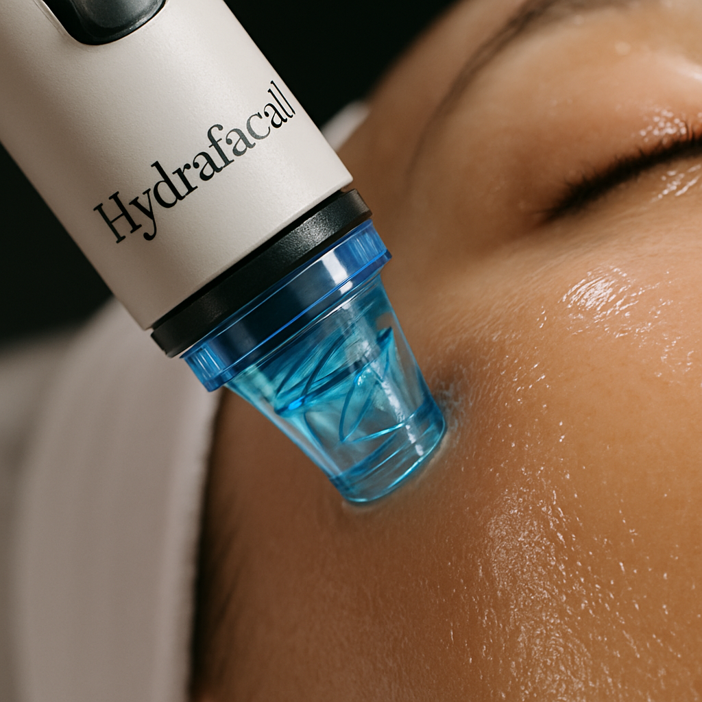 A close-up of a Hydrafacial device in action, showing the vortex‑fusion tip on a glowing, hydrated face. Alt: Hydrafacial treatment technology explanation