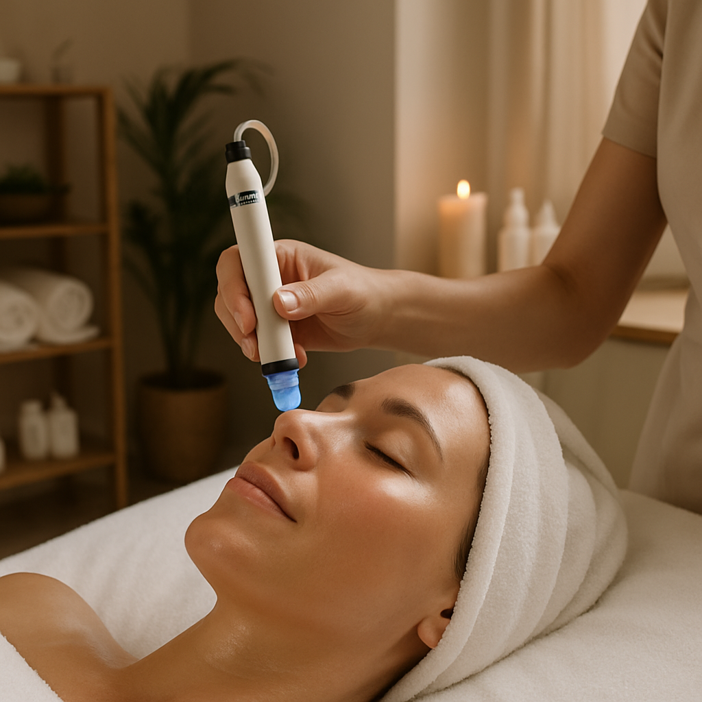 A serene spa room with a client receiving a HydraFacial, the practitioner’s hand holding a sleek vortex device over glowing skin. Alt: HydraFacial benefits and gentle skin rejuvenation.