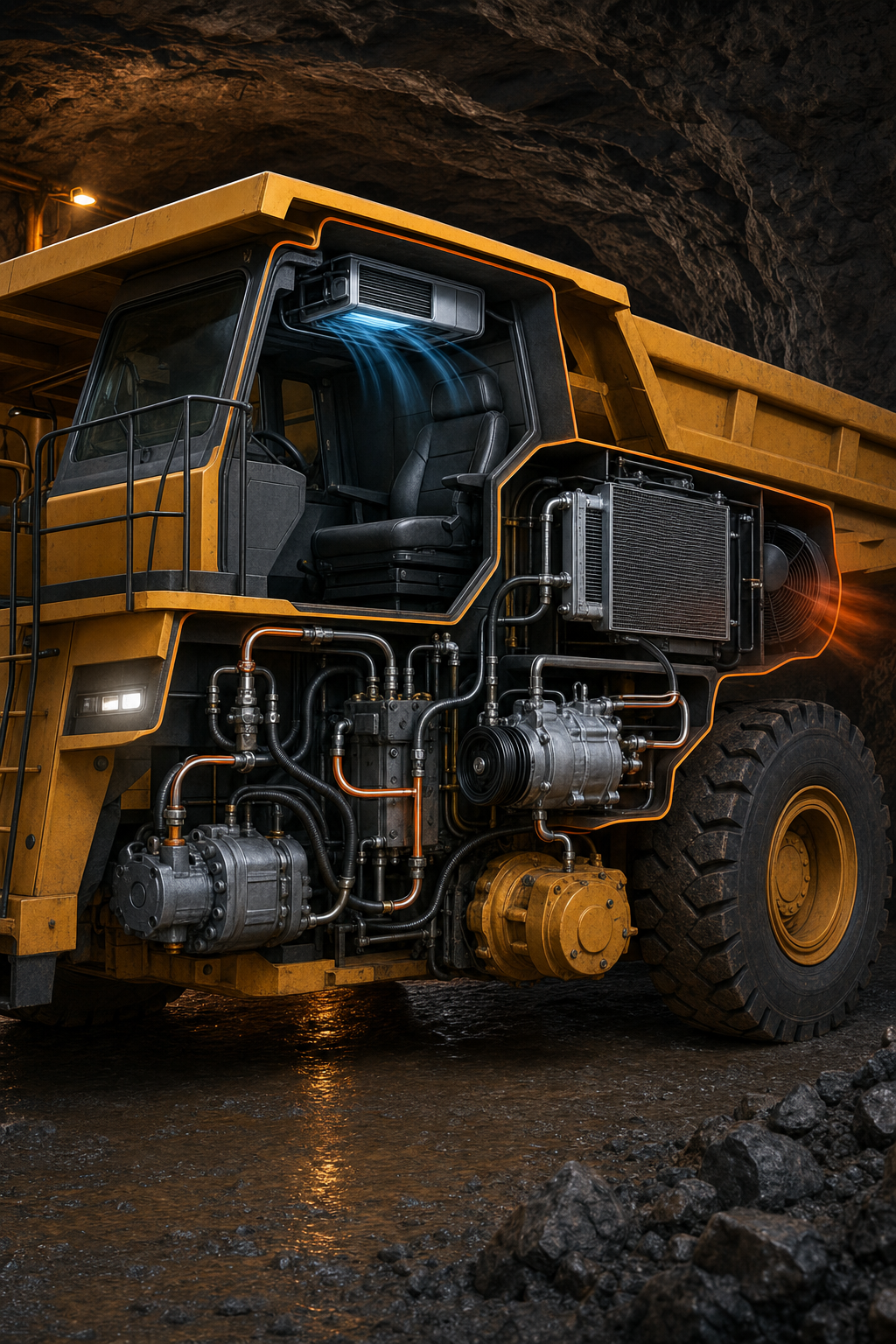 A photorealistic cross-section illustration of a hydraulic HVAC system on a large mining haul truck, showing the hydraulic pump, motor, AC compressor, condenser, and evaporator in a natural underground mining environment with orange-tinted accent lighting. Alt: hydraulic HVAC system components on a mining truck cross-section diagram.