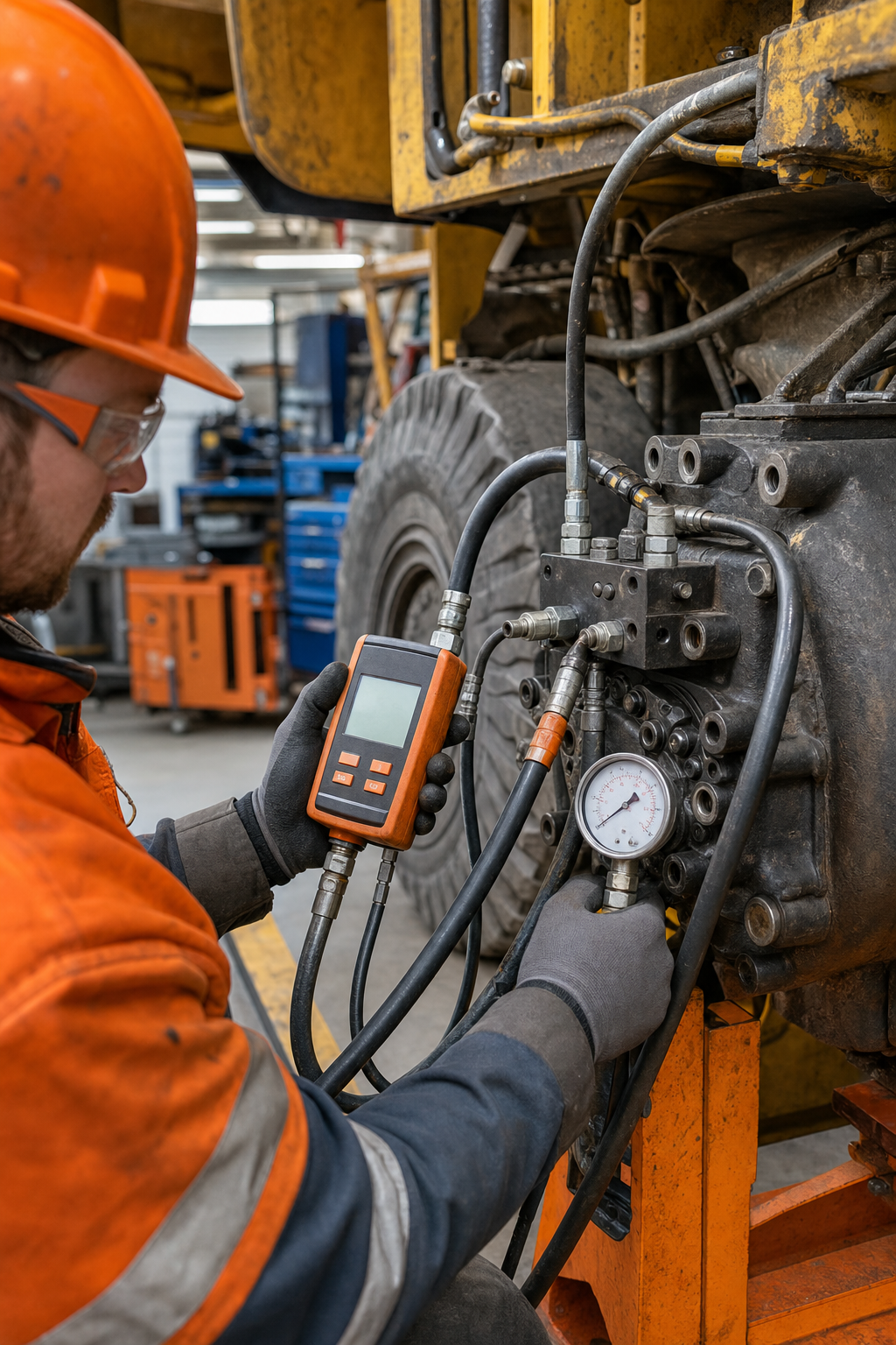 A close-up photorealistic image of a technician using a hydraulic flow meter and pressure gauge at a test port on a mining truck's hydraulic motor assembly in an industrial workshop setting, with orange safety equipment visible. Alt: hydraulic motor flow testing on mining truck HVAC system.