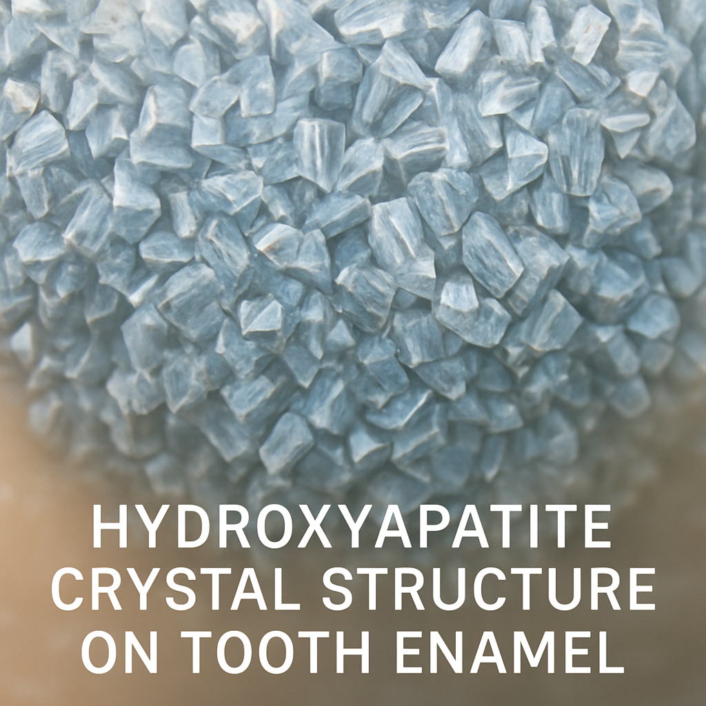 A close‑up of a tooth surface under a microscope, showing the crystalline structure of hydroxyapatite. Alt: Hydroxyapatite crystal structure on tooth enamel