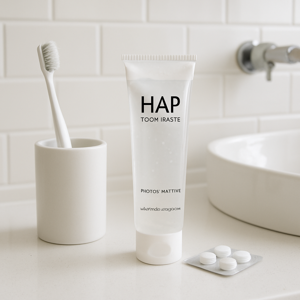 A modern bathroom setting with a toothbrush, a clear tube of HAP toothpaste, and a small pack of tablets on a counter. Alt: Switching to hydroxyapatite toothpaste in a bright, clean bathroom.