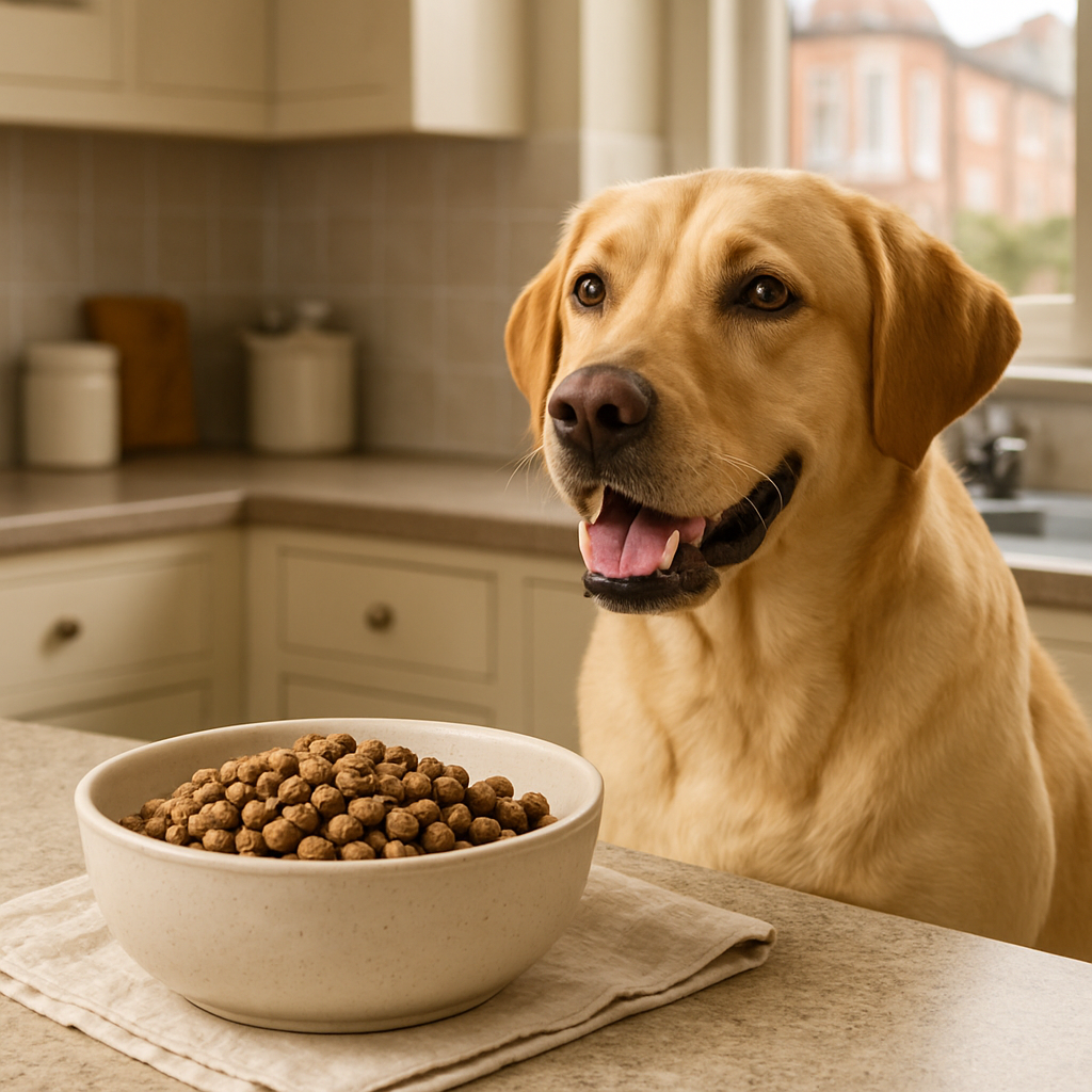 A photorealistic close‑up of a bowl of single‑protein hypoallergenic dog food on a cosy British kitchen countertop, with a happy Labrador beside it. Alt: hypoallergenic dog food uk – realistic UK kitchen scene