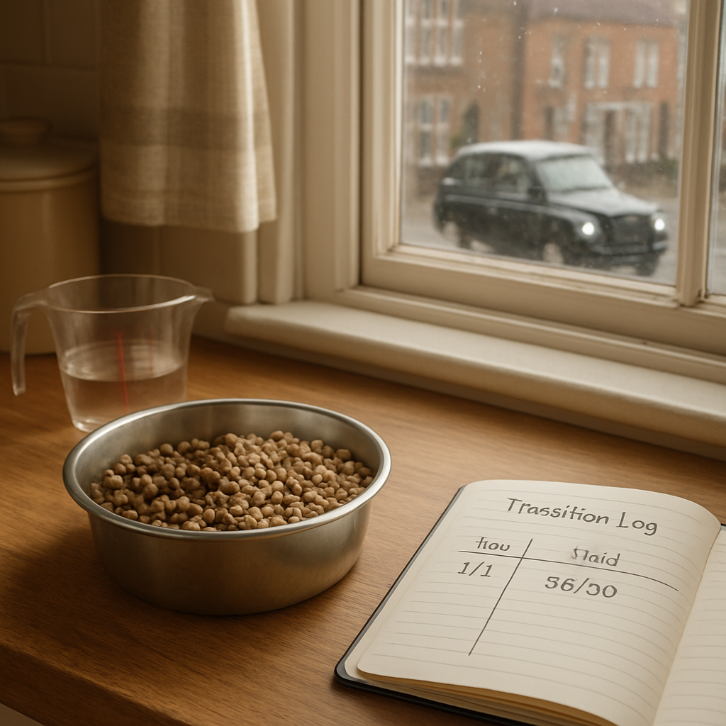 A photorealistic kitchen scene in a cosy British home, showing a stainless‑steel bowl half‑filled with old kibble and half with a new hypoallergenic dog food uk blend, a measuring cup, and a notebook open to a simple transition log. Soft natural light streams through a window with a glimpse of a rainy London street outside. Alt: Gradual transition to hypoallergenic dog food uk with a log sheet.