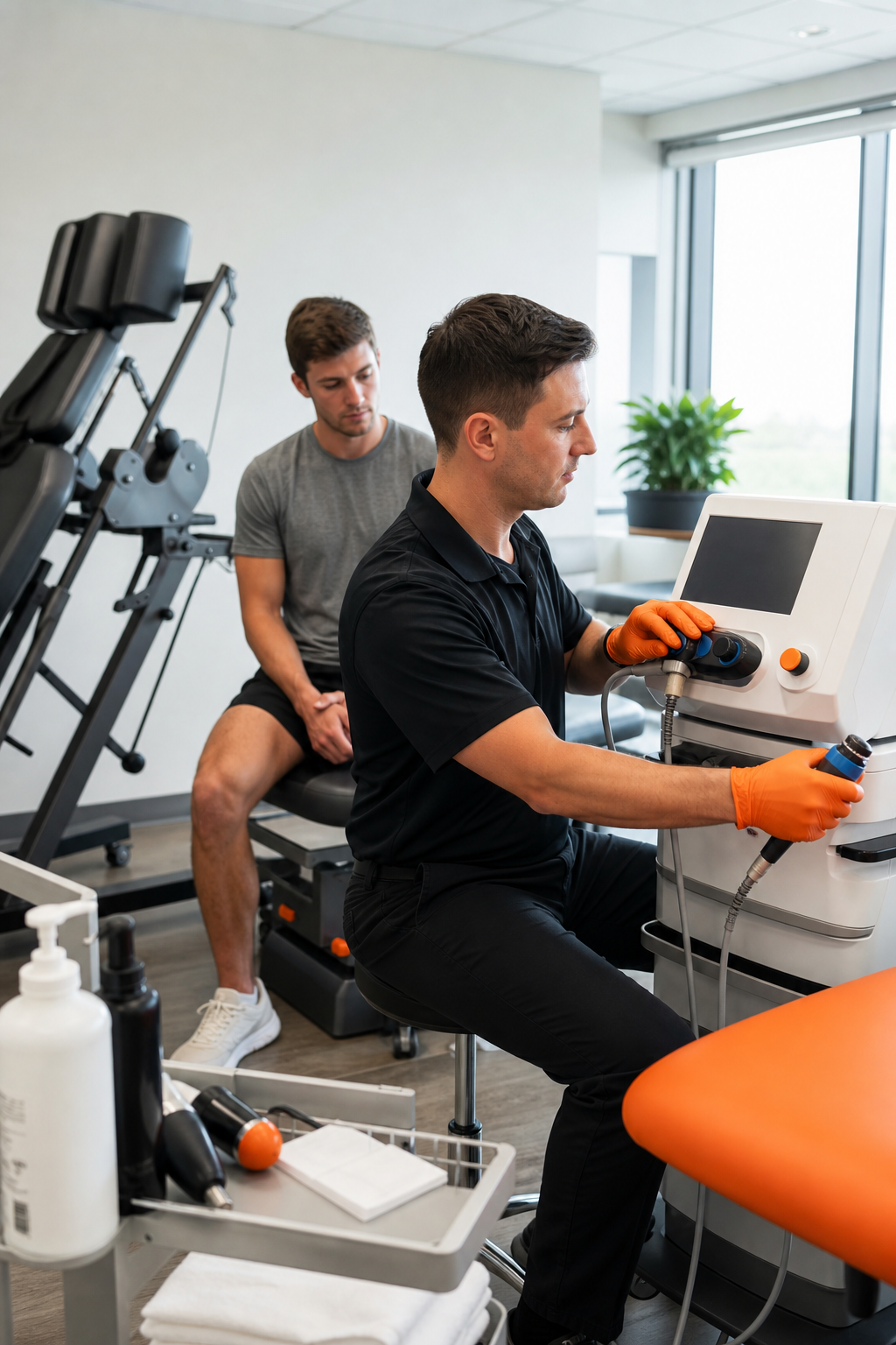 A photorealistic image of a physiotherapy clinic with advanced rehabilitation equipment, including a shockwave therapy machine and spinal decompression setup. A physiotherapist is adjusting settings while a patient sits nearby. Alt: Advanced rehab equipment at Fraser Valley Physiotherapy for ICBC injury recovery Surrey.