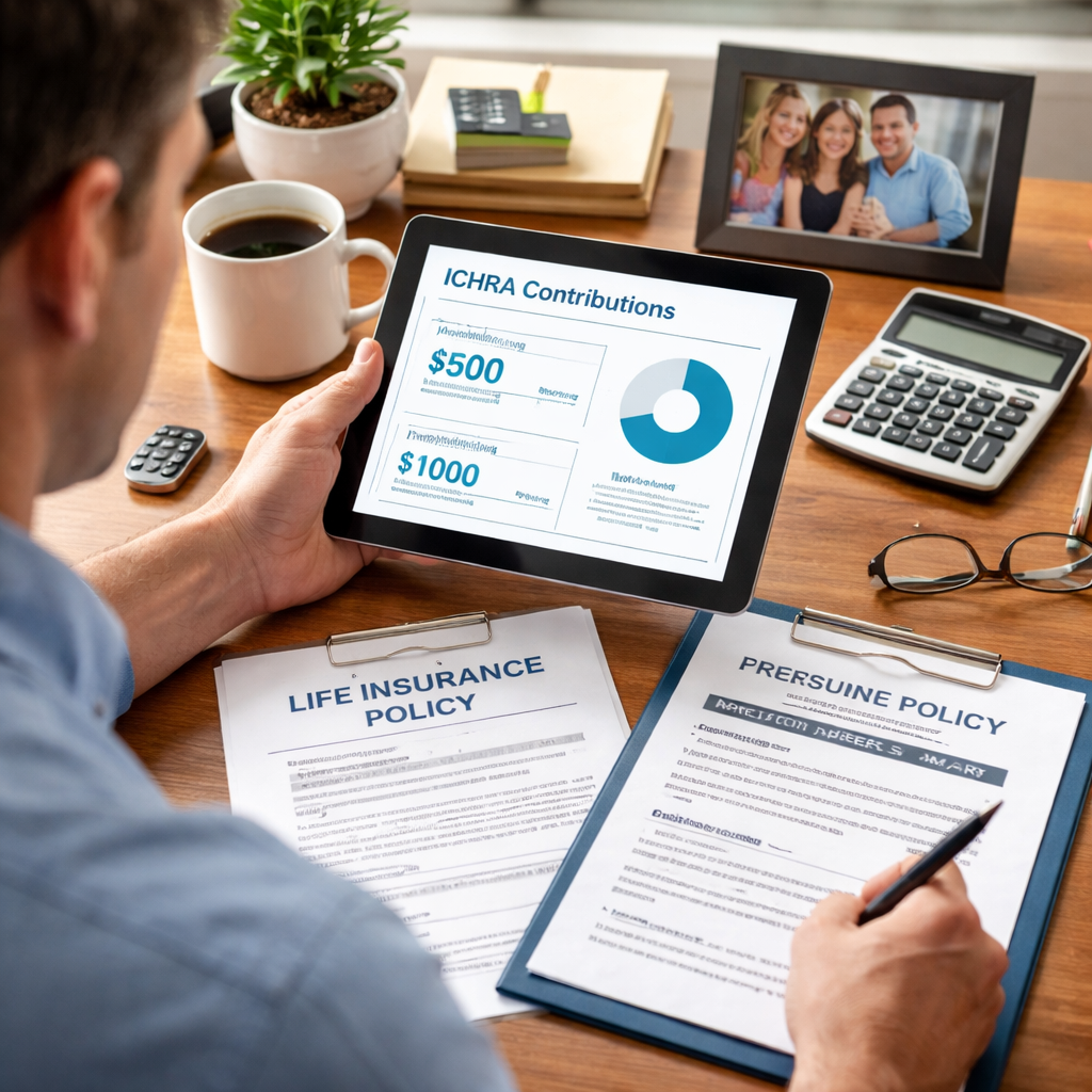 A photorealistic office scene showing a small‑business owner reviewing a tablet displaying ICHRA contribution details, alongside a life‑insurance policy document and a mortgage‑protection rider summary. The desk has a coffee mug, a calculator, and a family photo, illustrating the connection between health, life, and home security. Alt: ICHRA integrated with life insurance and mortgage protection benefits for small businesses.
