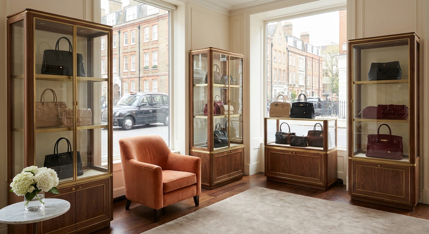 A stylish boutique interior on Marylebone Lane, with elegant display cases holding a range of pre‑owned designer handbags, soft natural light, realistic style
