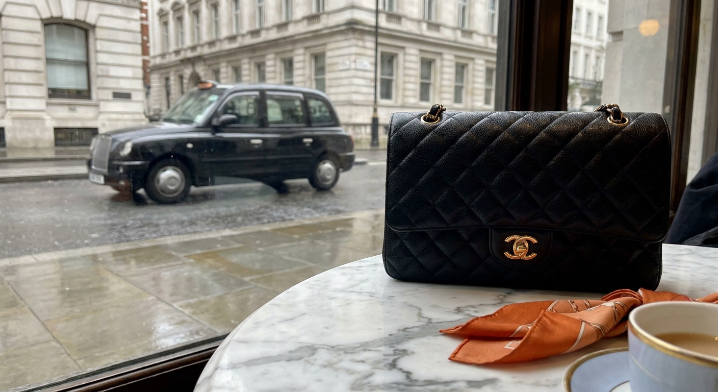 A close‑up of a Chanel Classic Flap bag on a marble table, showing the quilted leather and gold CC hardware, realistic style