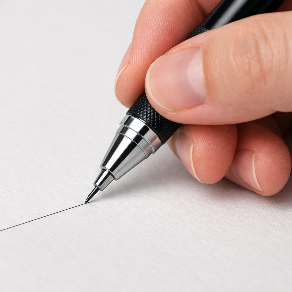A realistic close‑up of a hand holding a mechanical pencil with a .5 mm lead, drawing a fine line on smooth sketch paper. Alt: mechanical pencil tip size .5 mm fine line drawing