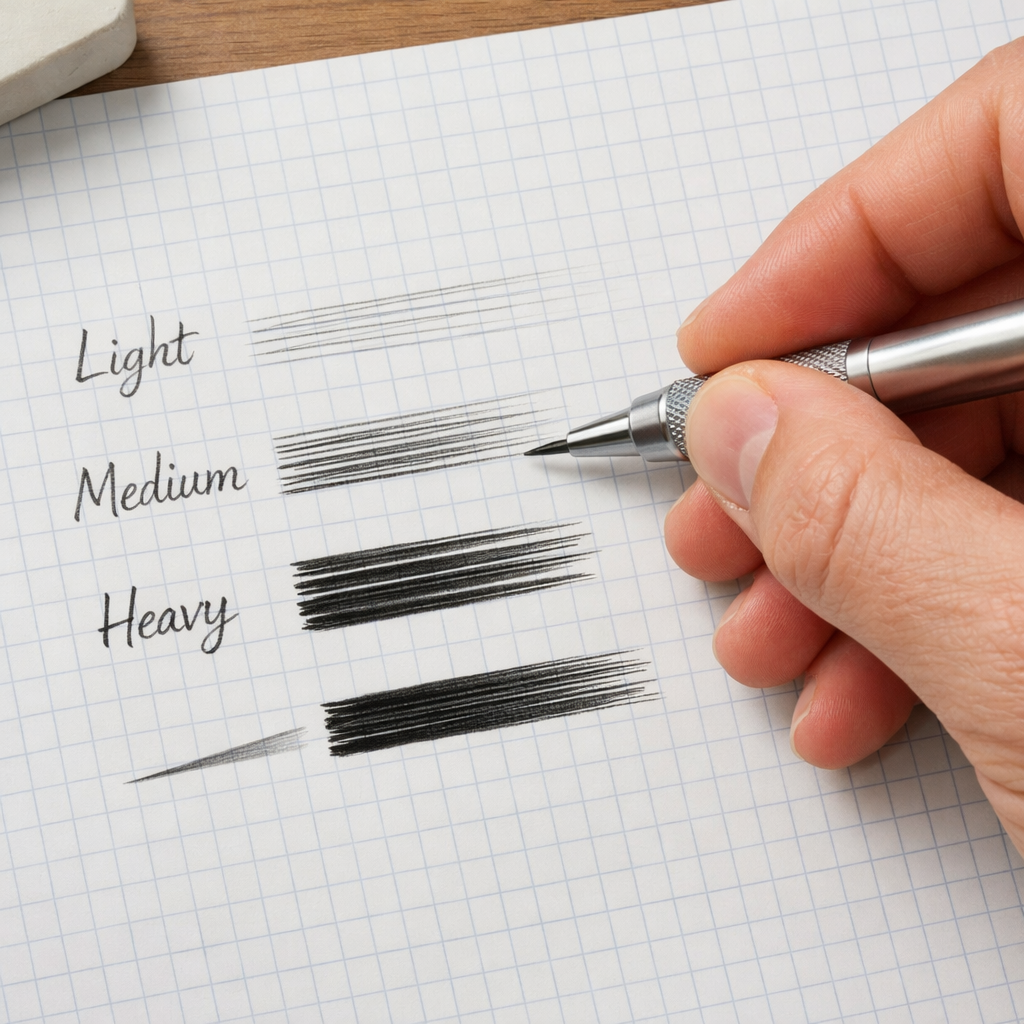 A realistic scene of an artist’s hand testing line pressure with a mechanical pencil on a grid paper, showing light, medium, and heavy strokes. Alt: testing drawing pressure with pencil for fine line work