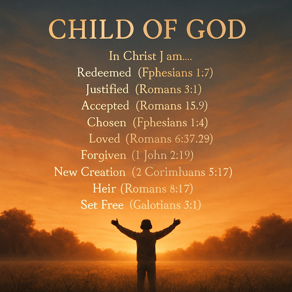 A serene sunrise over a quiet meadow, a single figure standing with arms lifted, symbolizing a child of God embracing identity, Alt: Child of God identity in Christ verses list sunrise illustration.