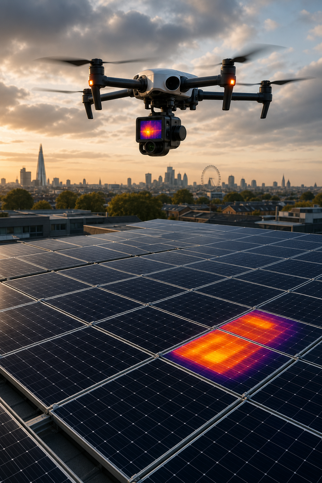 A drone equipped with a thermal camera flying over a large commercial rooftop with solar panels, capturing detailed temperature data. Alt: Drone performing IEC 62446 thermal inspection on commercial solar PV array.