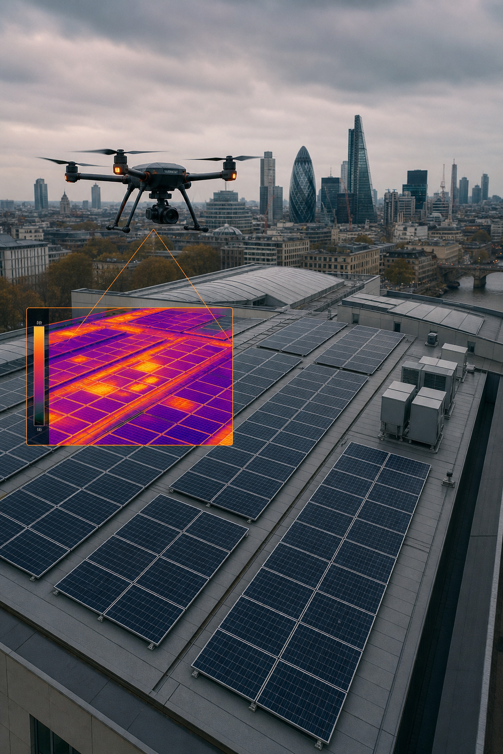 A technician reviewing thermal data on a tablet while a drone hovers over a commercial solar array. Alt: Aerial thermal survey of commercial solar panels with drone and field analysis.