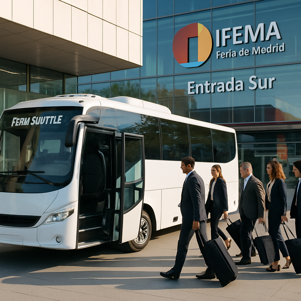 A modern, air‑conditioned shuttle pulling up to IFEMA’s south entrance, doors opening for a group of professionals with luggage, bright morning light. Alt: ifema shuttle bus hire madrid – seamless group transport at the exhibition venue.