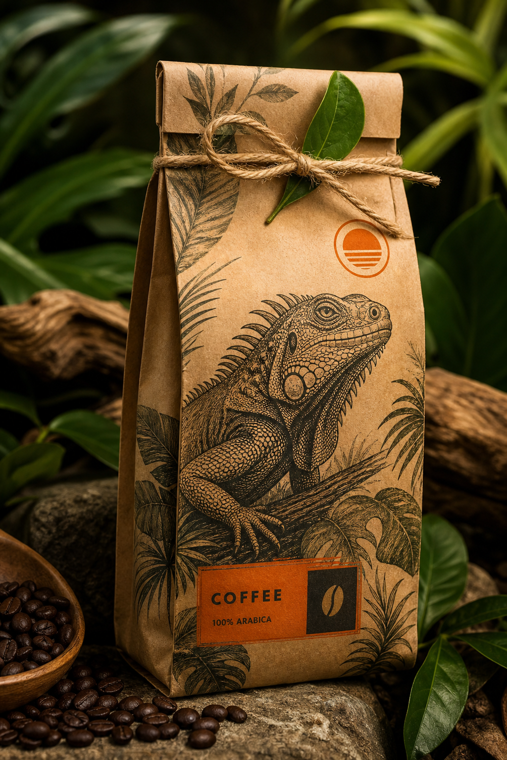 A close-up of a coffee bag with a tropical design, showing an iguana illustration on kraft paper, with a string tie and a small leaf tucked in. Alt: eco-friendly coffee packaging with iguana mascot