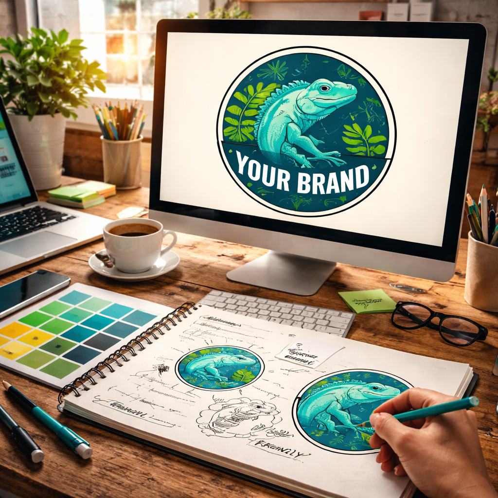 A realistic scene showing a designer’s workspace with sketchbooks, color swatches, and a computer screen displaying a teal iguana logo inside a circular badge, illustrating the process of turning brand values into visual design. Alt: practical guide to creating a coffee logo with brand values.