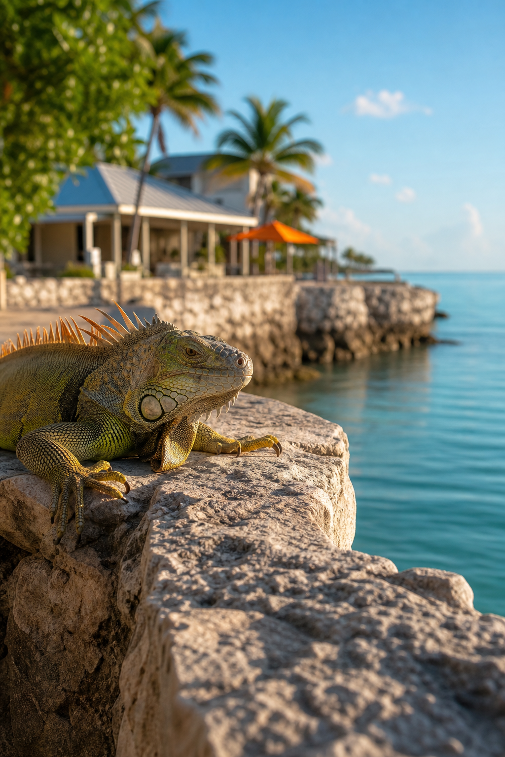 A photorealistic scene of a green iguana resting on a sun-warmed stone wall near turquoise Florida Keys water, morning light, warm tones, cinematic composition. Alt: iguana resting in Florida Keys sunshine, inspiration for the Chilled Iguana Coffee Co. mascot story.