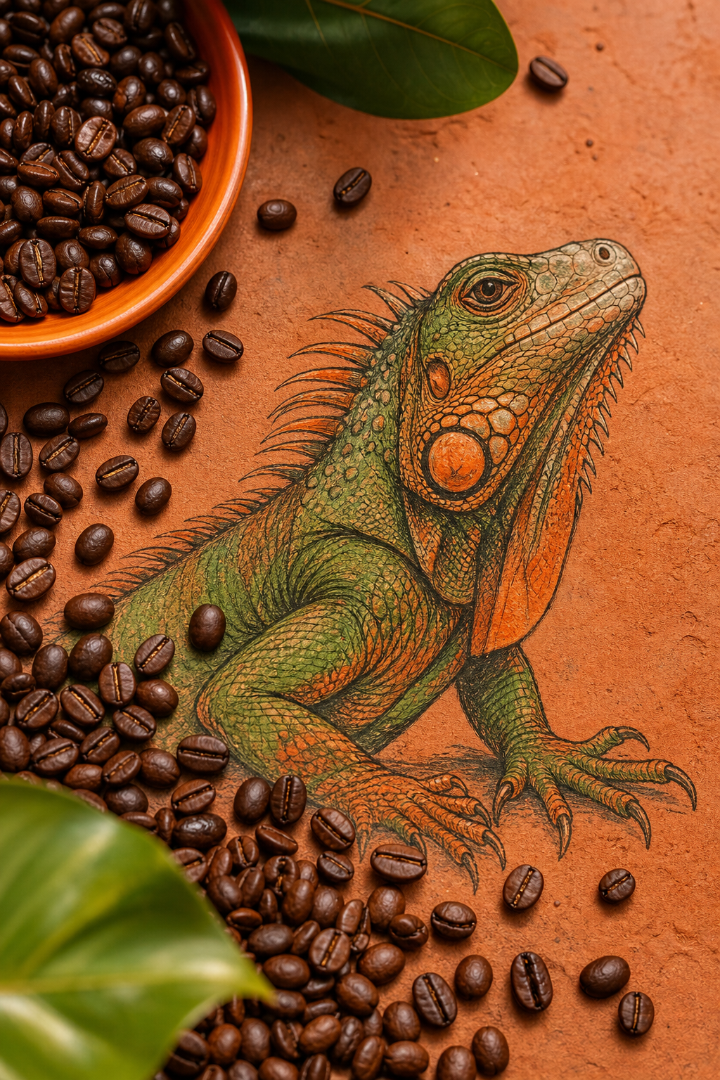 A vibrant editorial flat-lay showing roasted coffee beans scattered on a warm terracotta surface alongside a hand-drawn iguana illustration in bold orange and green tones, natural daylight, textured background. Alt: iguana mascot visual branding concept with fresh roasted coffee beans, Chilled Iguana Coffee Co. style.