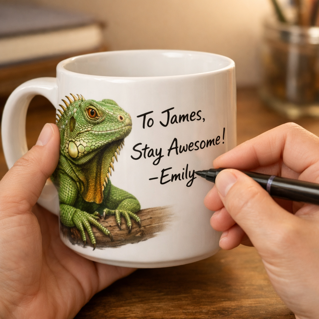 Close‑up of a hand writing a custom message on a blank ceramic mug, soft lighting. Alt: personalized iguana mug customization