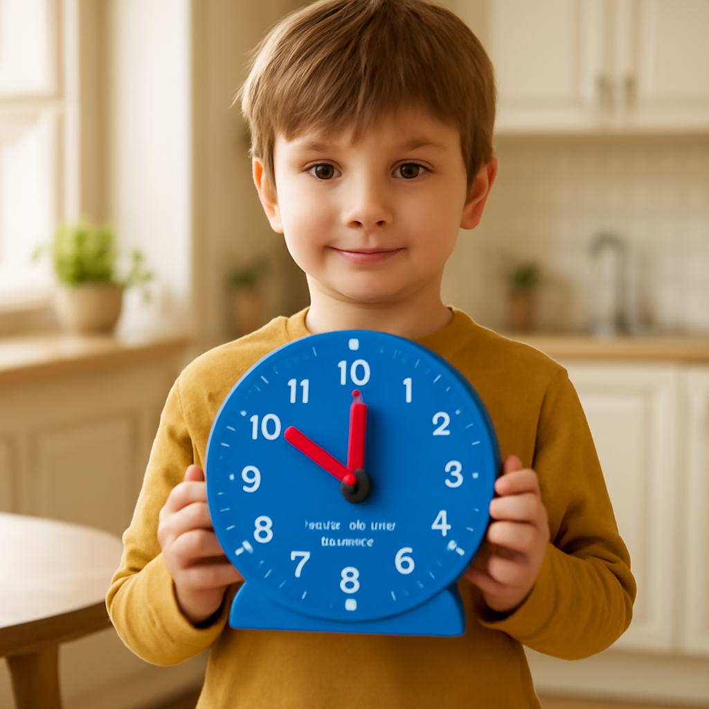 A child holding a bright blue Montessori clock, with a calm, sunlit kitchen background. Alt: Montessori clock for ADHD child