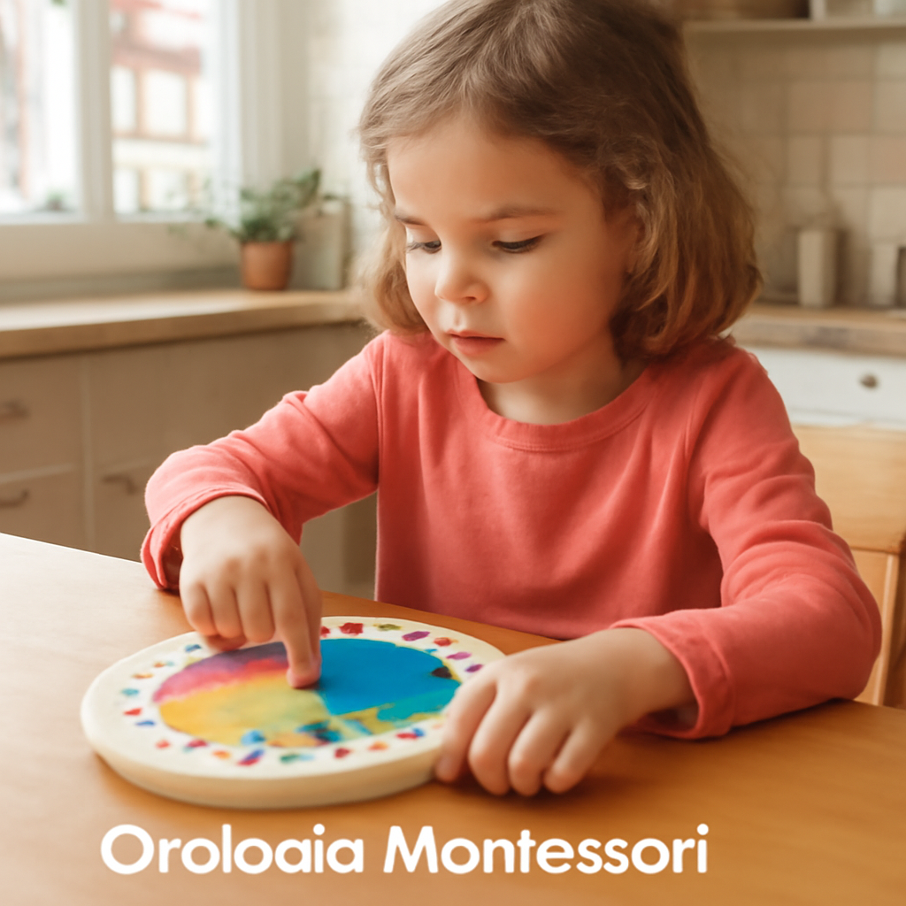 Una bambina che guarda l'orologio montessori sul tavolo della cucina, colori vivaci sul quadrante. Alt: Orologio montessori nella routine quotidiana