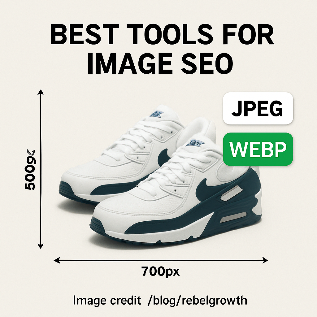 A clean flatlay of an e-commerce product set with labelled callouts showing dimensions, file format badges (JPEG, WEBP), and a small caption indicating image credit guidance. Alt: Image link building e-commerce product flatlay with metadata badges and credit guidance.