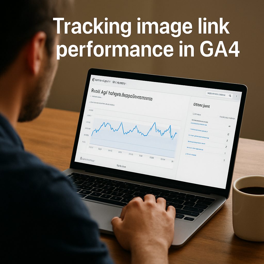 A marketer looking at a laptop screen filled with GA4 referral graphs, coffee mug nearby, caption “Tracking image link performance in GA4”. Alt: “image link building performance tracking dashboard”.