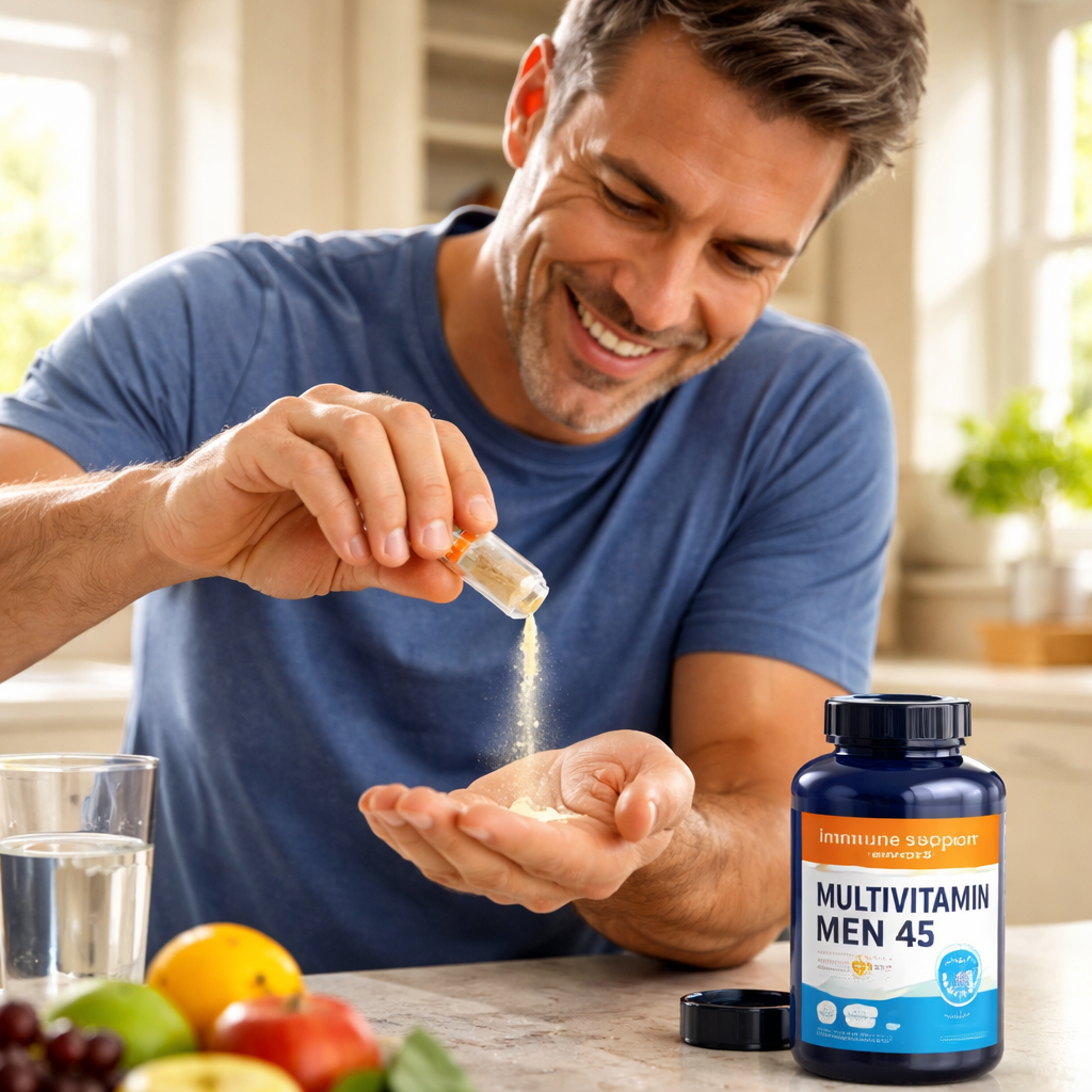 A photorealistic close‑up of a man in his mid‑40s pouring a capsule of multivitamin powder into his hand, with a sunny kitchen background and a bottle labeled “immune support multivitamin men 45” visible on the counter. Alt: Immune support multivitamin men 45 illustration.
