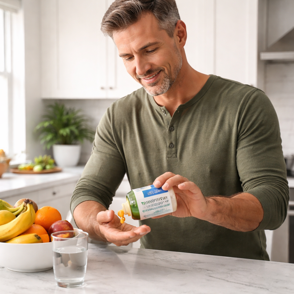 A photorealistic scene of a man in his mid‑40s pouring a capsule of an immune support multivitamin into his hand at a kitchen counter, with a glass of water and a bowl of fruit nearby. Alt: immune support multivitamin men 45 routine.
