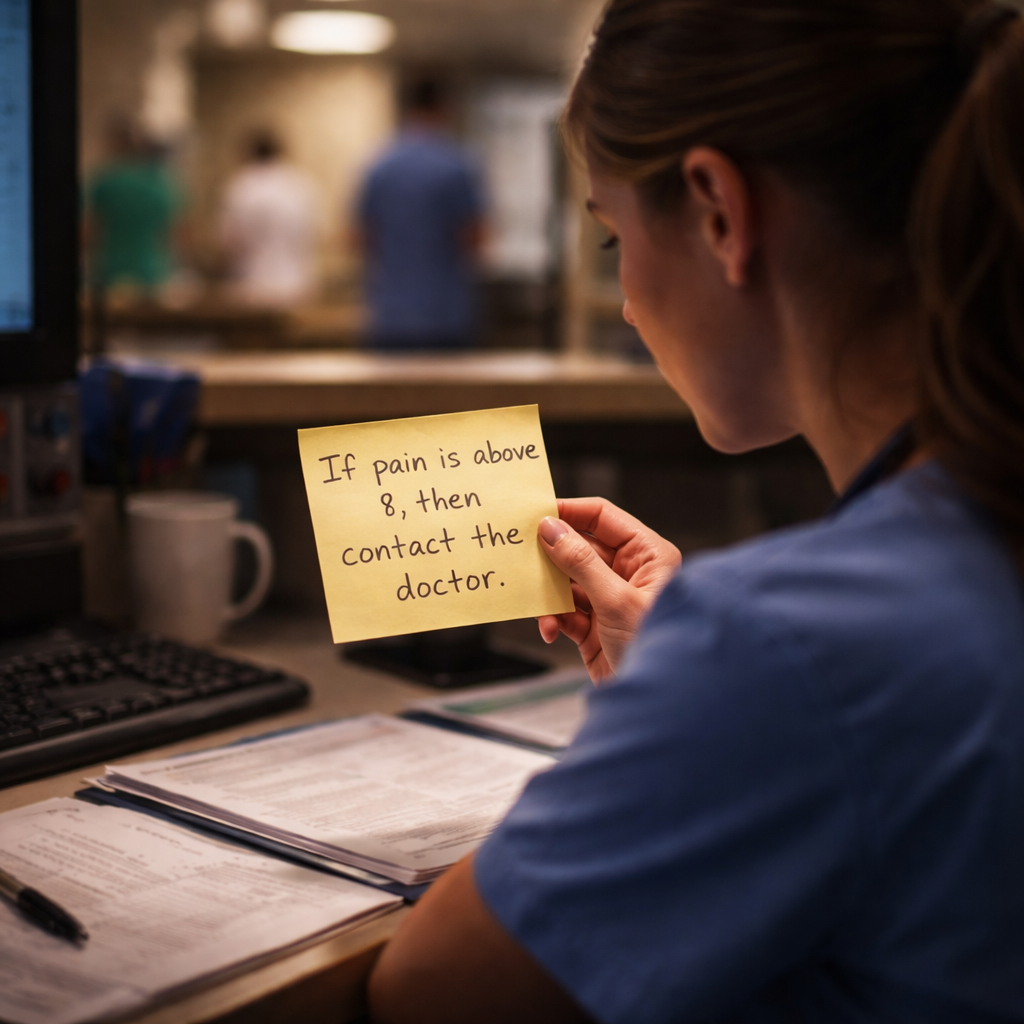 A cinematic scene of a nurse at a hospital desk glancing at a sticky note that reads an "if‑then" implementation intention, with soft focused lighting highlighting the note; Alt: Implementation intentions in clinical workflow
